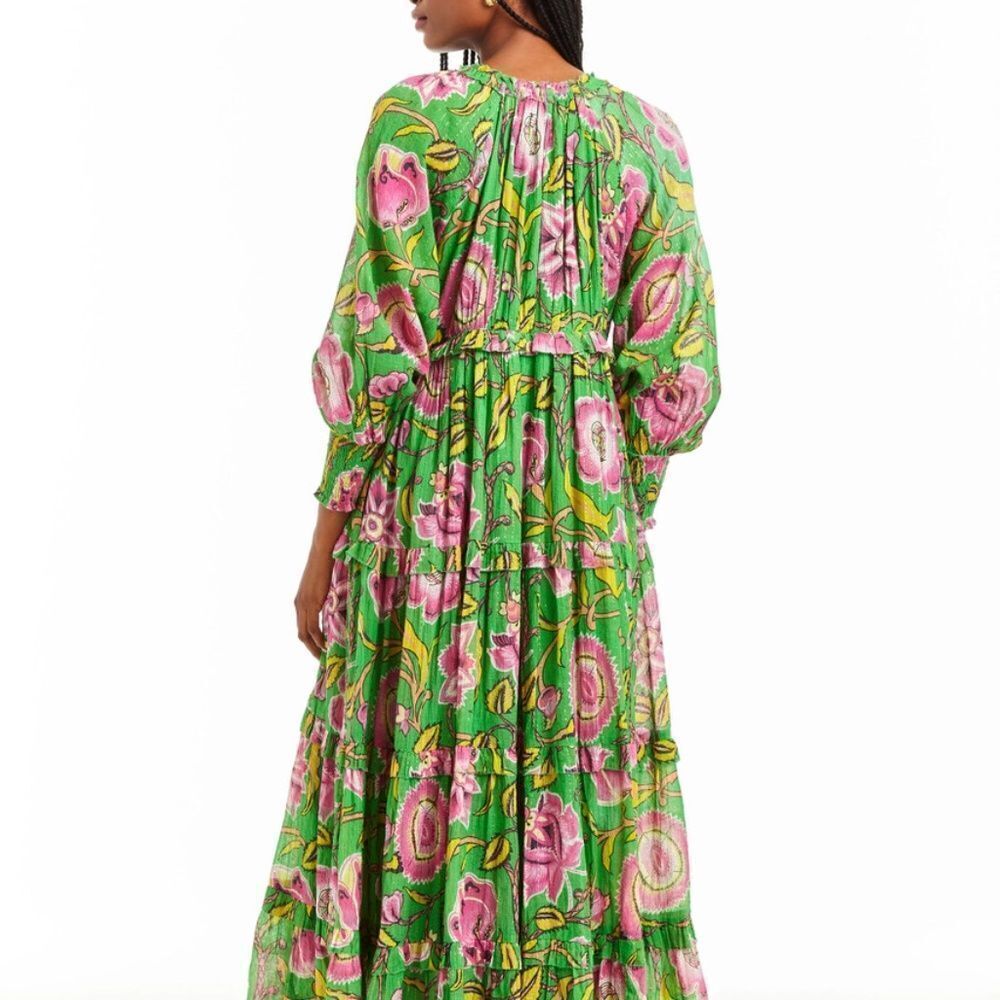 $345 Love the Label Tessa Green Pink Yellow Floral Tiered Maxi Dress Size SMALL - Picture 2 of 8
